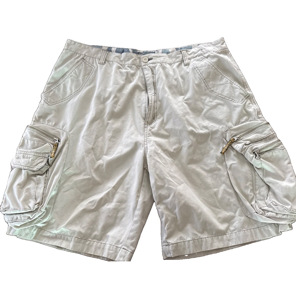 Hip Hop Plugg Cargo Shorts Men 40 Beige High Waist Double Zip Utility Pockets